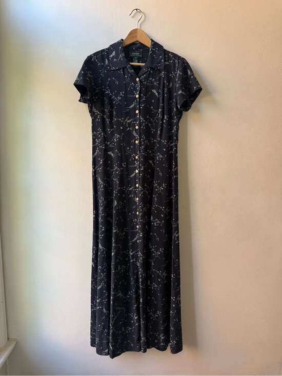 Lauren Ralph Lauren Dresses & Skirts - Lauren Ralph Lauren 100% Silk Navy Floral Button-Down Maxi Shirt Dress